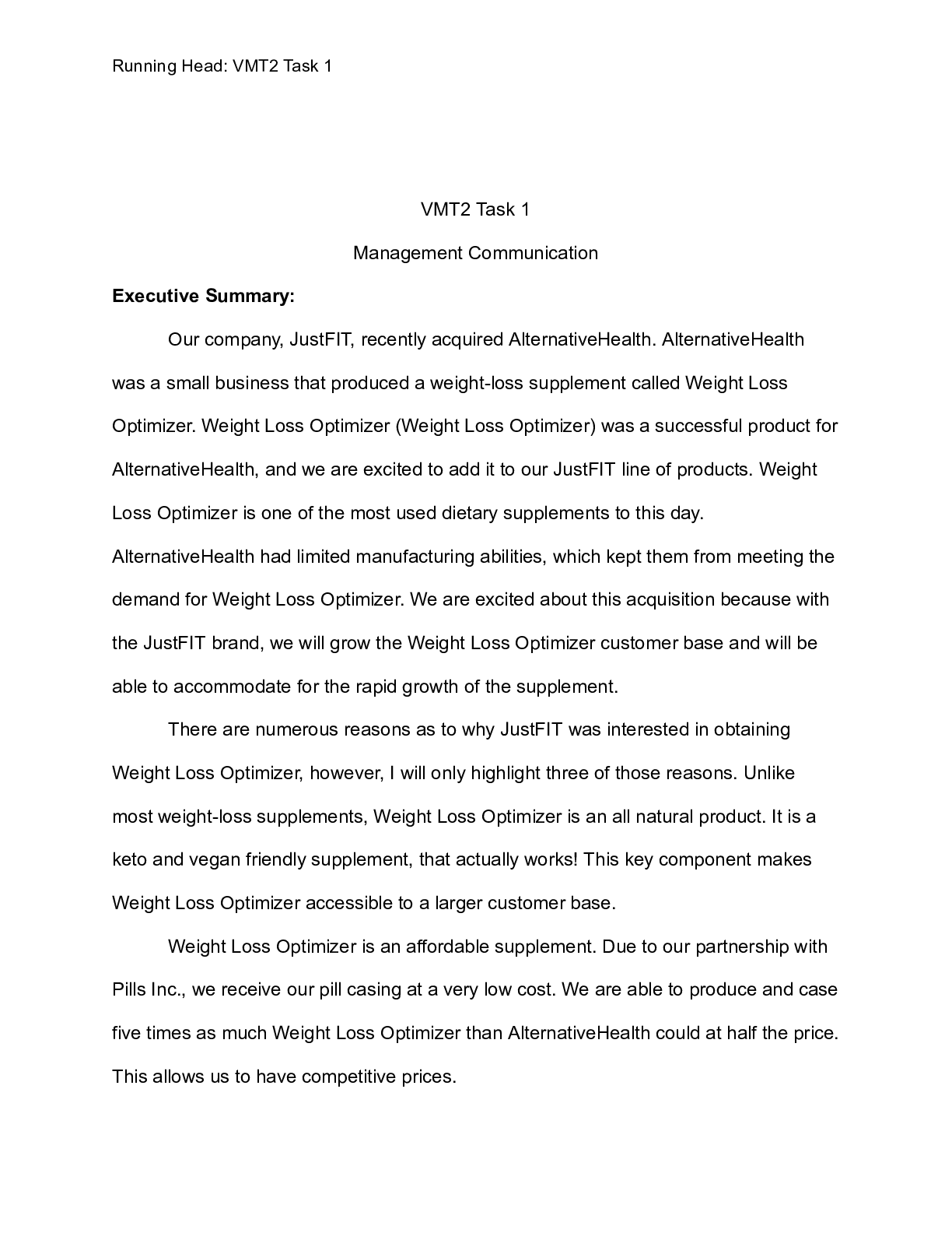 Preview image of VMT2 Task 1   Executive Summary.docx    VMT2 Task 1  Management Communication  Executive S document